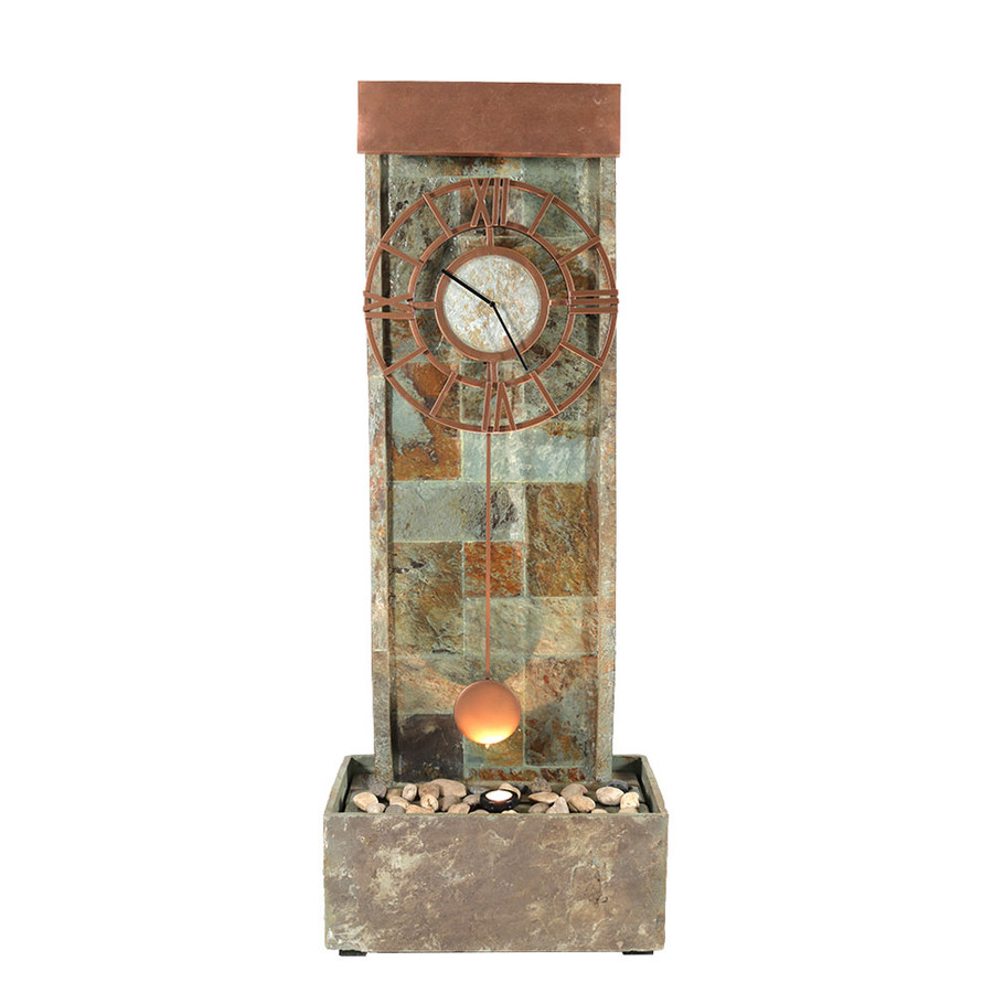 Sunnydaze Slate Outdoor Water Fountain with Clock and LED Light, 48
