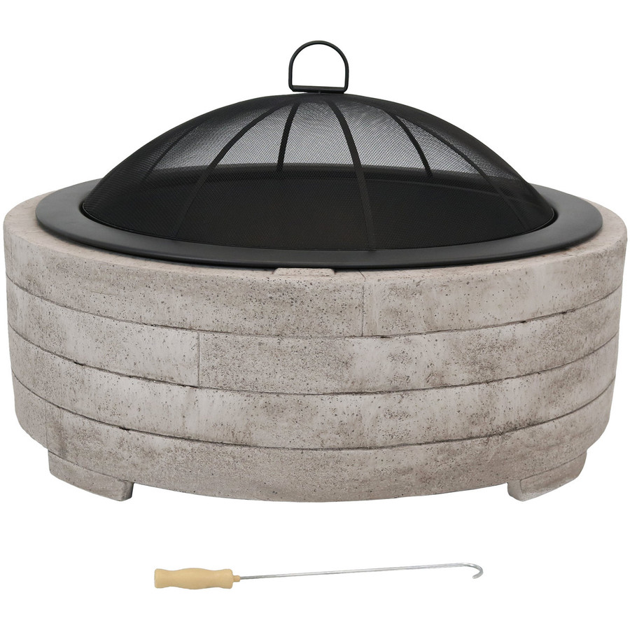 Large Faux Stone Wood-Burning Fire Pit Ring with Steel Fire Bowl, Spark Screen and Poker