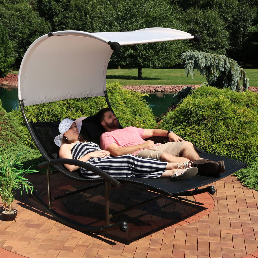Double Chaise Rocking Lounge Chair with Canopy and Headrest Pillows,