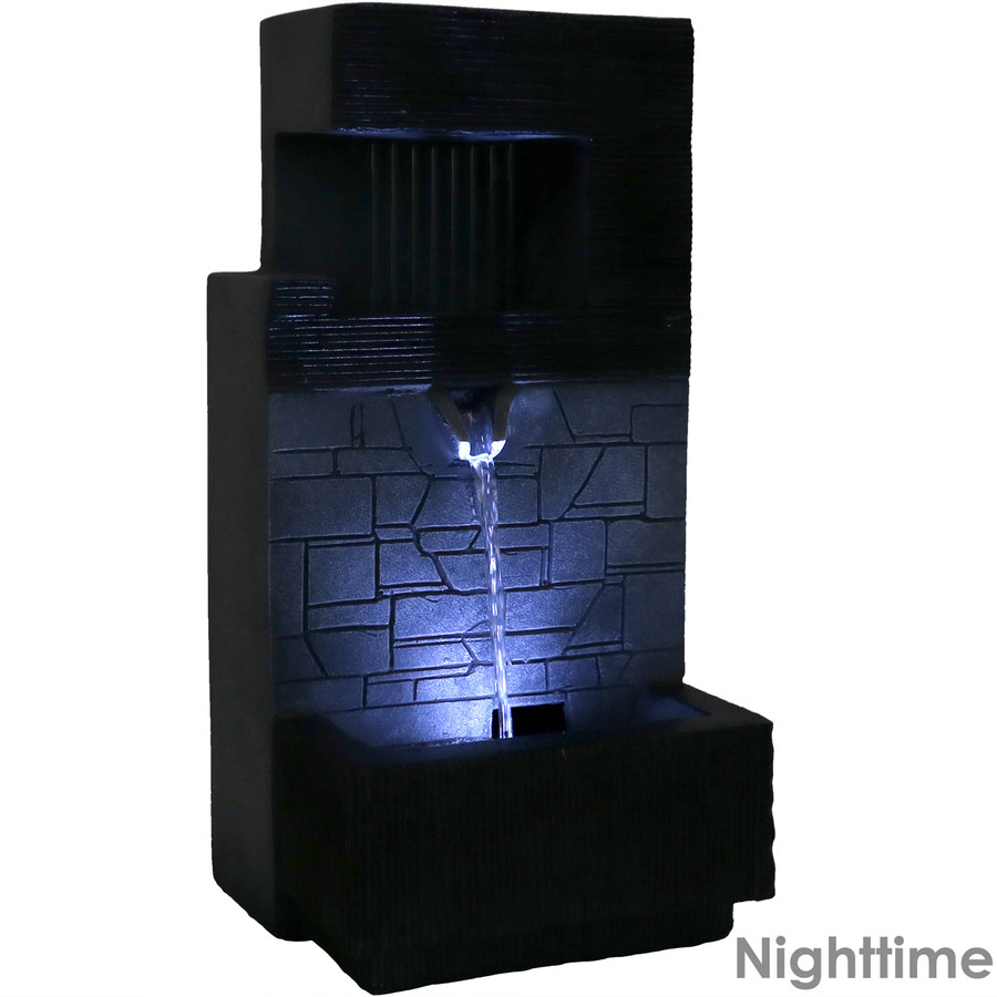 Modern Tiered Brick Wall Tabletop Indoor Water Fountain with LED Light, Nighttime