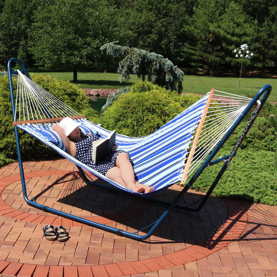 Quilted Double Fabric 2-Person Hammock with Blue Multi-Use Universal Steel Stand, Catalina Beach