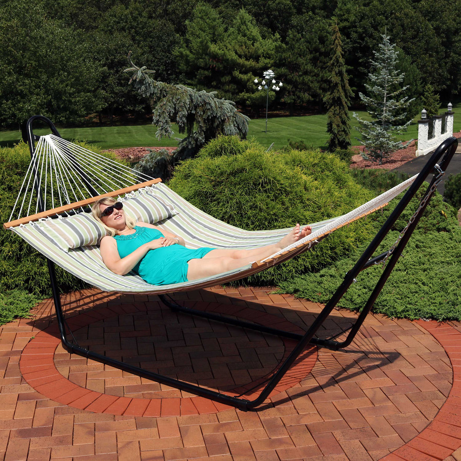 Sunnydaze 2-Person Quilted Printed Fabric Spreader Bar Hammock and Pillow - Khaki Stripe