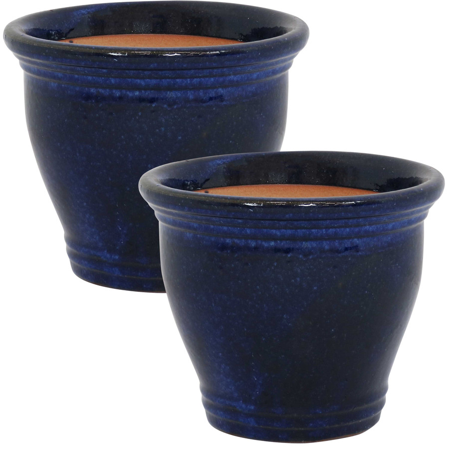 Sunnydaze Studio Set of 2 Ceramic Flower Pot Planter with Drainage Hole - Imperial Blue - 11-inch