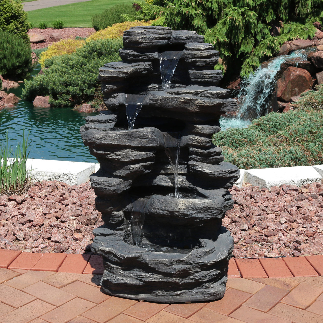 Sunnydaze Rock Falls Electric Waterfall Fountain with LED Lights, 39 Inch  Tall