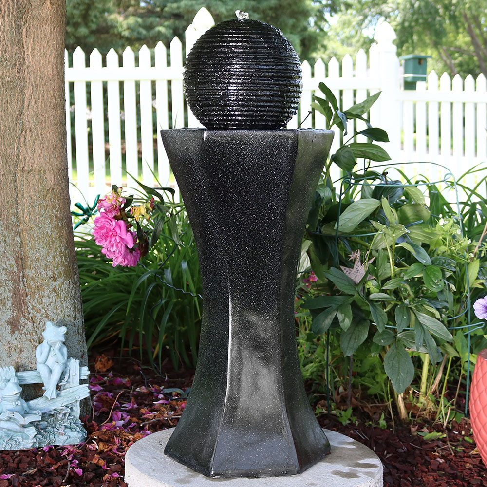Sunnydaze Pedestal and Ball Solar with Battery Backup Water Fountain with  Black Finish, 31 Inch Tall