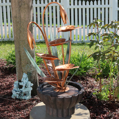 Sunnydaze Copper Flower Petals With Five Tier Leaves Outdoor Water Fountain 34 Inch Tall Includes Electric Pump