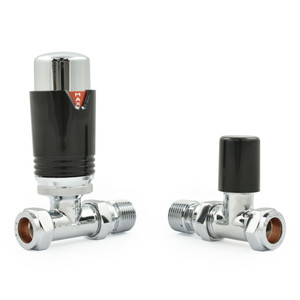 M-TRV-075-ST-CB-ALT00 - Exeter Modern TRV Straight Chrome & Black Thermostatic Radiator Valves With Sleeves