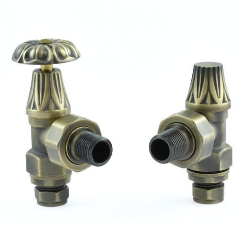 T-MAN-028-AG-OEB - Arlington Traditional Manual Angled Old English Brass Radiator Valves With Sleeves