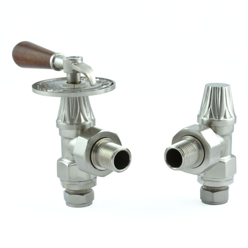 T-MAN-030-AG-SN - Arlington Lever Traditional Manual Angled Brushed Satin Nickel Radiator Valves With Sleeves