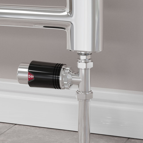 M-TRV-075-ST-CB-CU00 - Exeter Modern TRV Chrome & Black Towel Radiator Valves With Sleeves