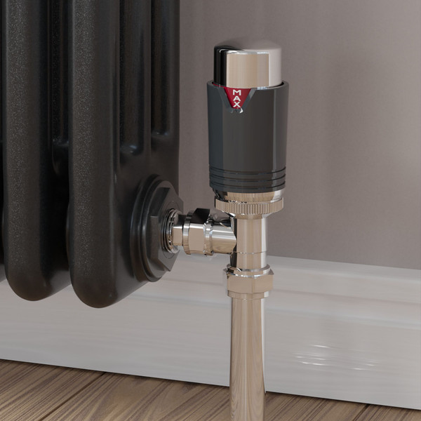 M-TRV-074-AG-CA-CU00 - Exeter Modern TRV Angled Chrome & Anthracite Thermostatic Radiator Valves With Sleeves