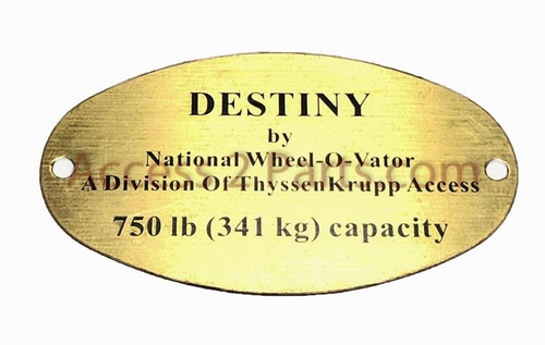 National Wheel-O-Vator NWOV Destiny 750 LB Capacity Cab Label Brass