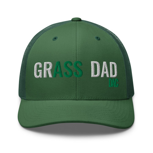Evergreen Grass DAD six-panel mesh-back trucker cap with embroidered Grass DAD logo, front view — DAD all caps