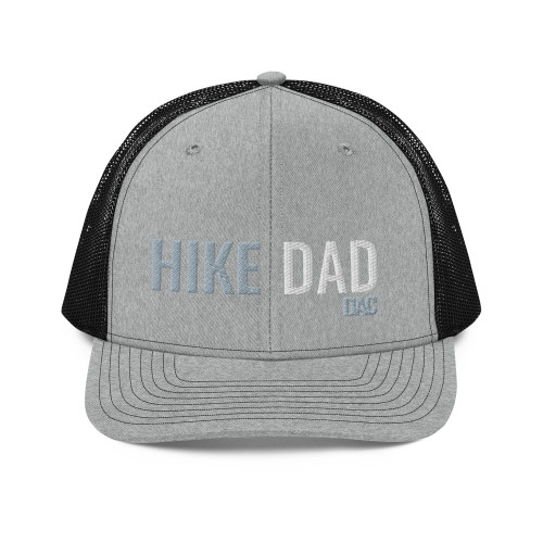 Heather Grey/Black six-panel snapback-style trucker cap with embroidered Hike DAD logo, front view — DAD all caps