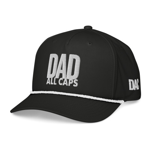 Black/White five-panel rope cap with braided bill detail with embroidered DAD logo, left-front view — DAD all caps