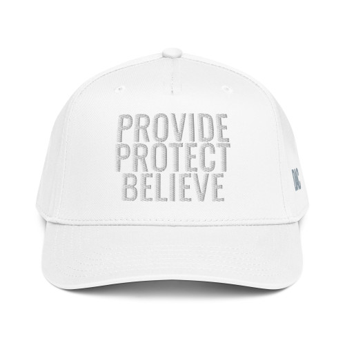 White classic fit structured five-panel cap with embroidered Provide Protect Believe logo, front view — DAD all caps
