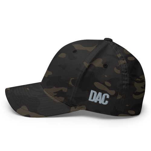 Multicam/Black structured flex fit cap with embroidered DAC logo, left side view — DAD all caps