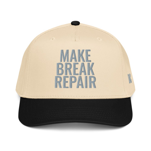 Black/Natural classic fit structured five-panel cap with embroidered Make Break Repair logo, front view — DAD all caps