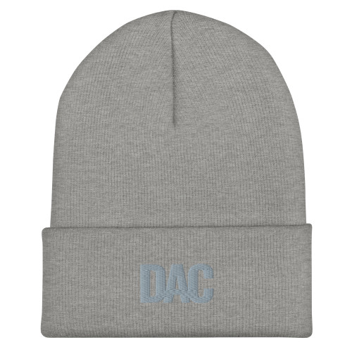 Heather Grey DAC cuffed knit beanie with embroidered DAC logo on cuff, front view — DAD all caps