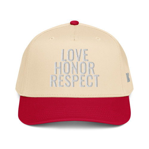 Red/Natural classic fit structured five-panel cap with embroidered Love Honor Respect logo, front view — DAD all caps