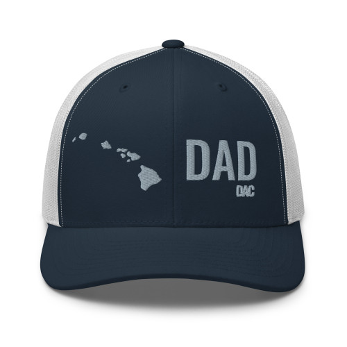 Navy/White six-panel mesh-back trucker cap with embroidered Hawaii DAD logo, front view — DAD all caps