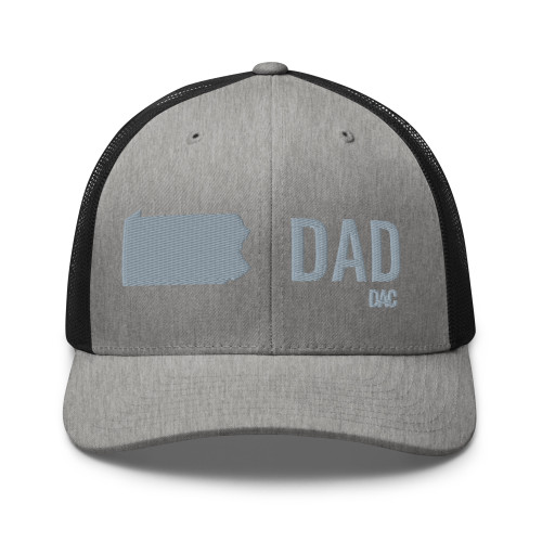 Heather Black six-panel mesh-back trucker cap with embroidered Pennsylvania DAD logo, front view — DAD all caps