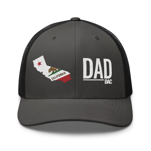 Charcoal/Black six-panel mesh-back trucker cap with state flag color embroidered Cali DAD logo, front view — DAD all caps