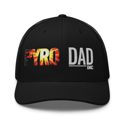 Black six-panel mesh-back trucker cap with embroidered Pyro DAD logo, front view — DAD all caps