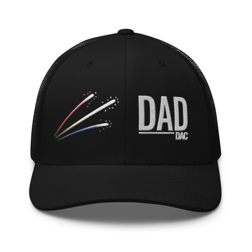 Black six-panel mesh-back trucker cap with embroidered Firework DAD logo, front view — DAD all caps