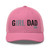Pink six-panel mesh-back trucker cap with embroidered Girl DAD logo, front view — DAD all caps