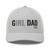 Silver six-panel mesh-back trucker cap with embroidered Girl DAD logo, front view — DAD all caps