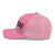 Pink six-panel mesh-back trucker cap with embroidered Girl DAD logo, left side view — DAD all caps