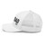 White six-panel mesh-back trucker cap with embroidered Girl DAD logo, left side view — DAD all caps