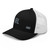 Black/White six-panel mesh-back trucker cap with embroidered Girl DAD logo, left-front view — DAD all caps