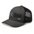 Charcoal/Black six-panel mesh-back trucker cap with embroidered Girl DAD logo, left-front view — DAD all caps