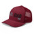 Cranberry six-panel mesh-back trucker cap with embroidered Girl DAD logo, left-front view — DAD all caps