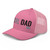 Pink six-panel mesh-back trucker cap with embroidered Girl DAD logo, left-front view — DAD all caps