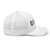 White six-panel mesh-back trucker cap with embroidered Girl DAD logo, right side view — DAD all caps