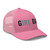 Pink six-panel mesh-back trucker cap with embroidered Girl DAD logo, right-front view — DAD all caps