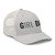Silver six-panel mesh-back trucker cap with embroidered Girl DAD logo, right-front view — DAD all caps