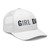 White six-panel mesh-back trucker cap with embroidered Girl DAD logo, right-front view — DAD all caps