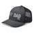 Dark Heather Gray six-panel mesh-back trucker cap with embroidered Boy DAD logo, left-front view — DAD all caps