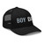 Black six-panel mesh-back trucker cap with embroidered Boy DAD logo, right-front view — DAD all caps