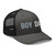 Charcoal/Black six-panel mesh-back trucker cap with embroidered Boy DAD logo, right-front view — DAD all caps