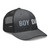 Dark Heather Gray six-panel mesh-back trucker cap with embroidered Boy DAD logo, right-front view — DAD all caps