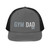 Charcoal/Black six-panel snapback-style trucker cap with embroidered Gym DAD logo, front view — DAD all caps