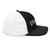 Black/White six-panel snapback-style trucker cap with embroidered Gym DAD logo, right side view — DAD all caps