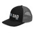 Black/Charcoal six-panel snapback-style trucker cap with embroidered Gym DAD logo, left-front view — DAD all caps