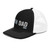 Black/White six-panel snapback-style trucker cap with embroidered Gym DAD logo, left-front view — DAD all caps