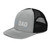 Heather Grey/Black six-panel snapback-style trucker cap with embroidered Gym DAD logo, left-front view — DAD all caps
